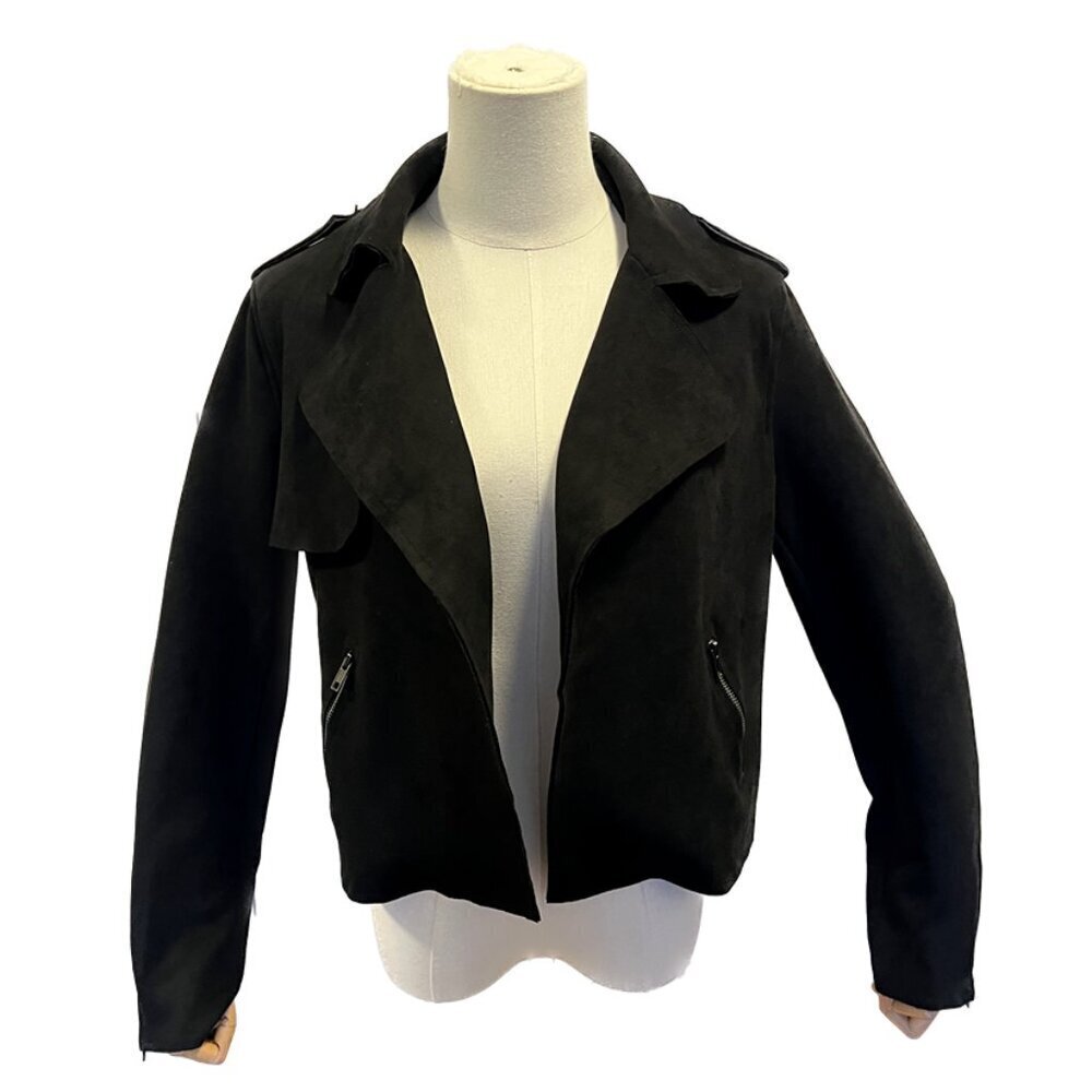 SKIES ARE BLUE FAUX SUEDE MOTO JACKET BLACK SMALL LEATHER CLASSY ZIPPER CROPPED